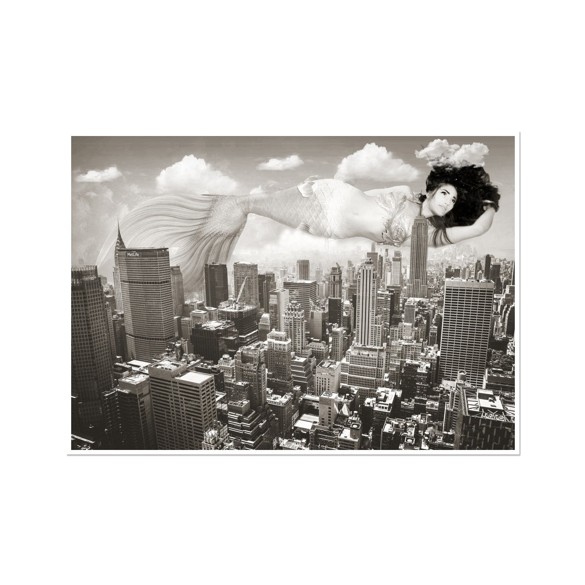 08 - Surreal dreamy poster of the  mermaid floating in the sky over the city, wrapped in the night - Black and White Photo Art Print Pimamour Original Pimamour