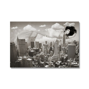 08 - Surreal dreamy poster of the  mermaid floating in the sky over the city, wrapped in the night - Black and White Canvas Pimamour Original Pimamour