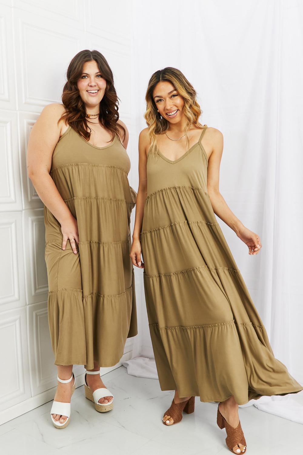 Zenana Full Size Spaghetti Strap Tiered Dress with Pockets in Khaki-Pimamour