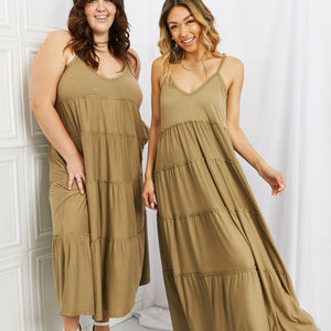 Zenana Full Size Spaghetti Strap Tiered Dress with Pockets in Khaki-Pimamour