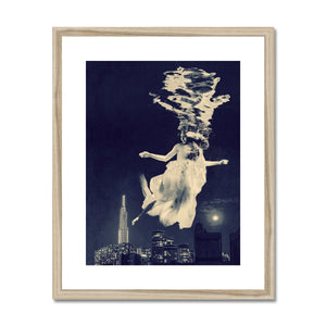 06 - Surreal dreamy poster of the protecting girl / goddess / mermaid floating in the sky over the city, wrapped in the night Brandon Framed & Mounted Print Pimamour Original Pimamour