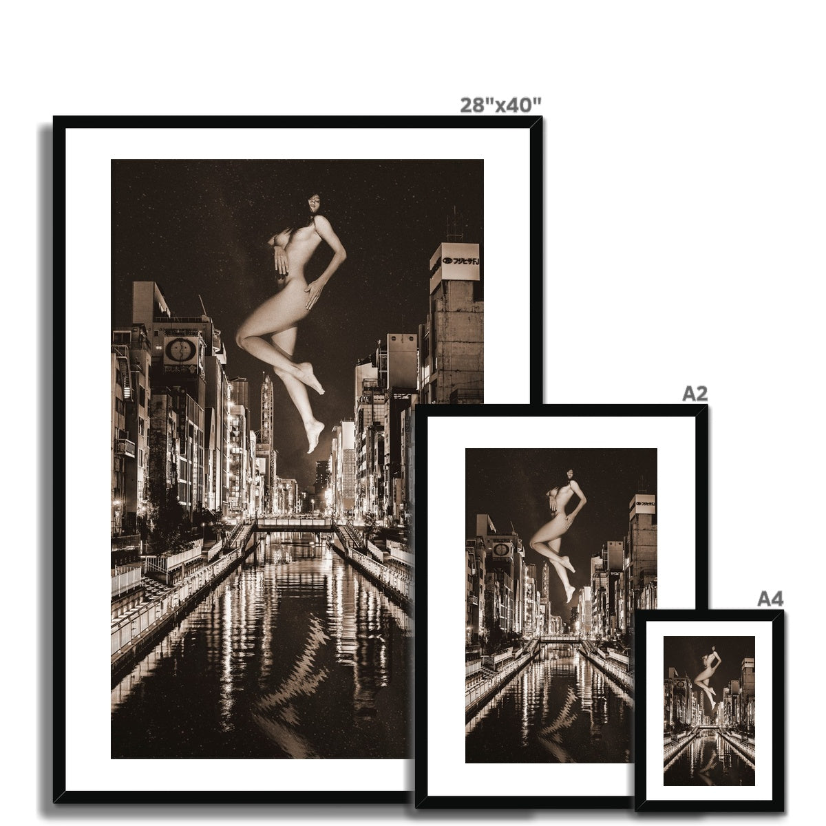 02 - Surreal dreamy poster of the protecting girl / goddess / mermaid floating in the sky over the city, wrapped in the night Chocolate Framed & Mounted Print Pimamour Original Pimamour