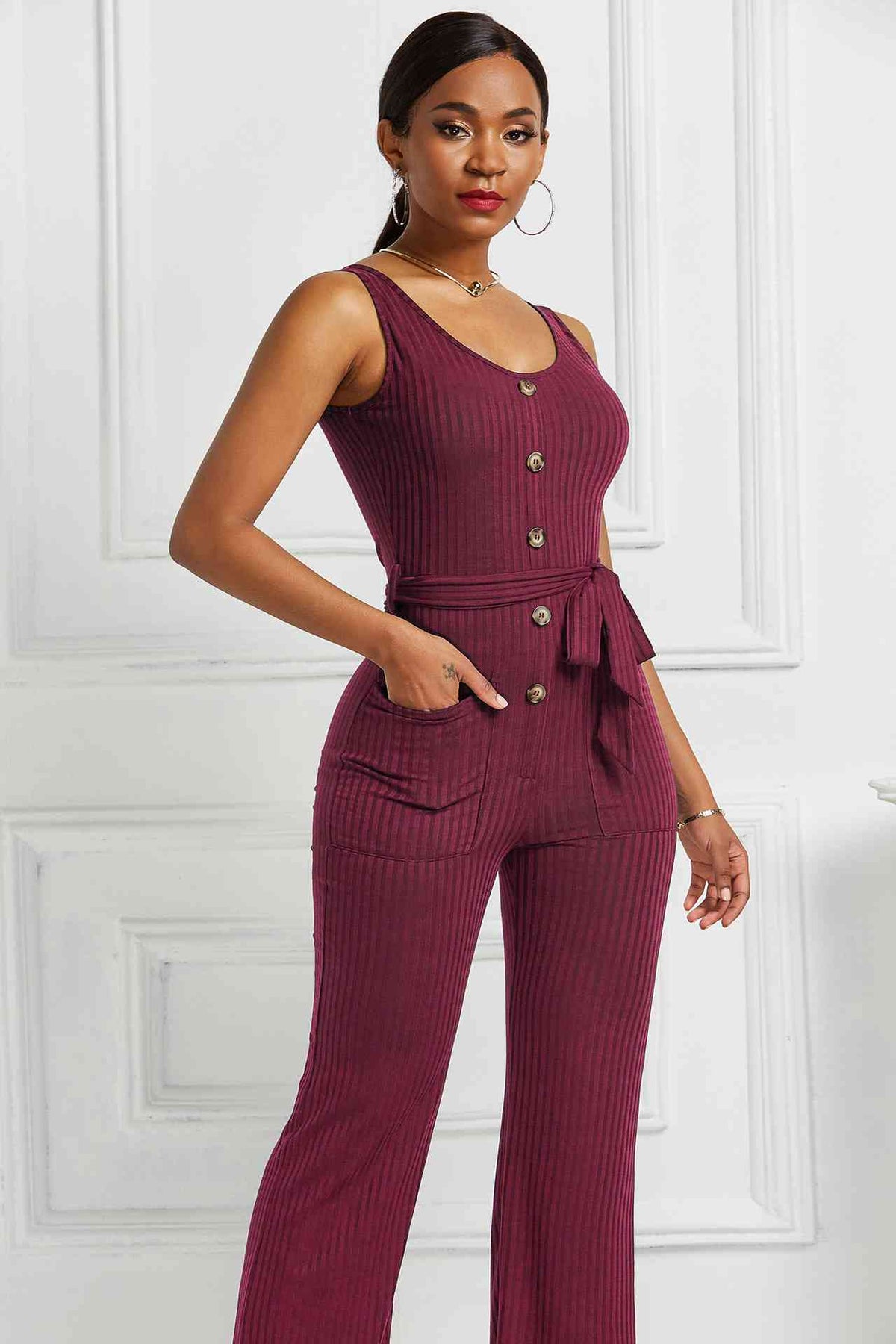 Button Detail Tie Waist Jumpsuit with Pockets Pimamour