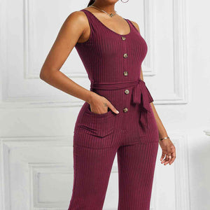 Button Detail Tie Waist Jumpsuit with Pockets Pimamour