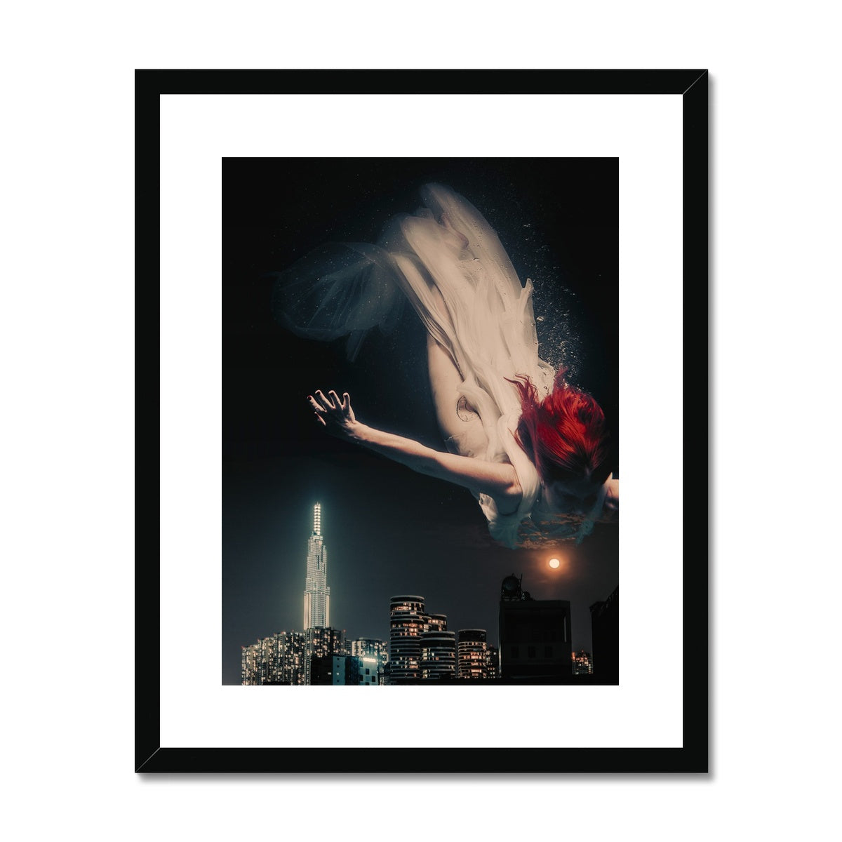 07 - Surreal dreamy poster of the protecting girl / goddess / mermaid floating in the sky over the city, wrapped in the night Color Framed & Mounted Print Pimamour Original Pimamour