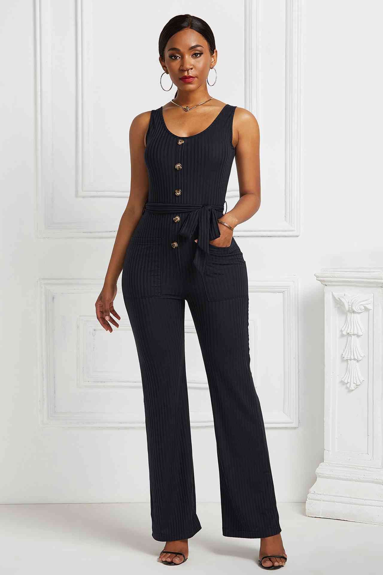 Button Detail Tie Waist Jumpsuit with Pockets Pimamour