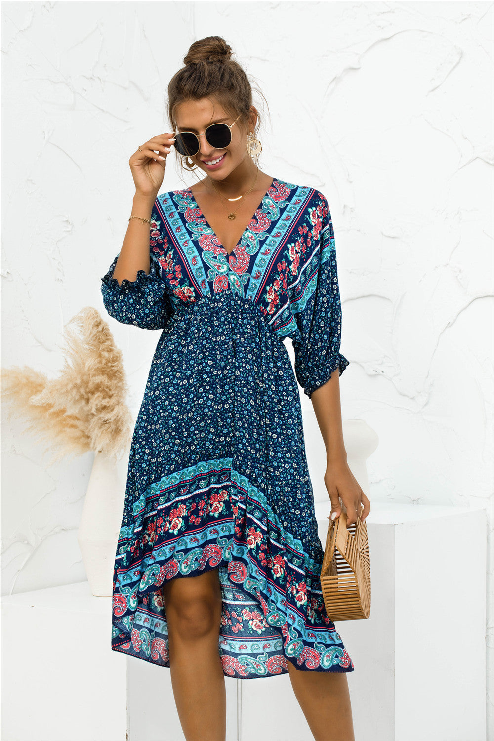 Printed Bohemian V Neck Dress Pimamour