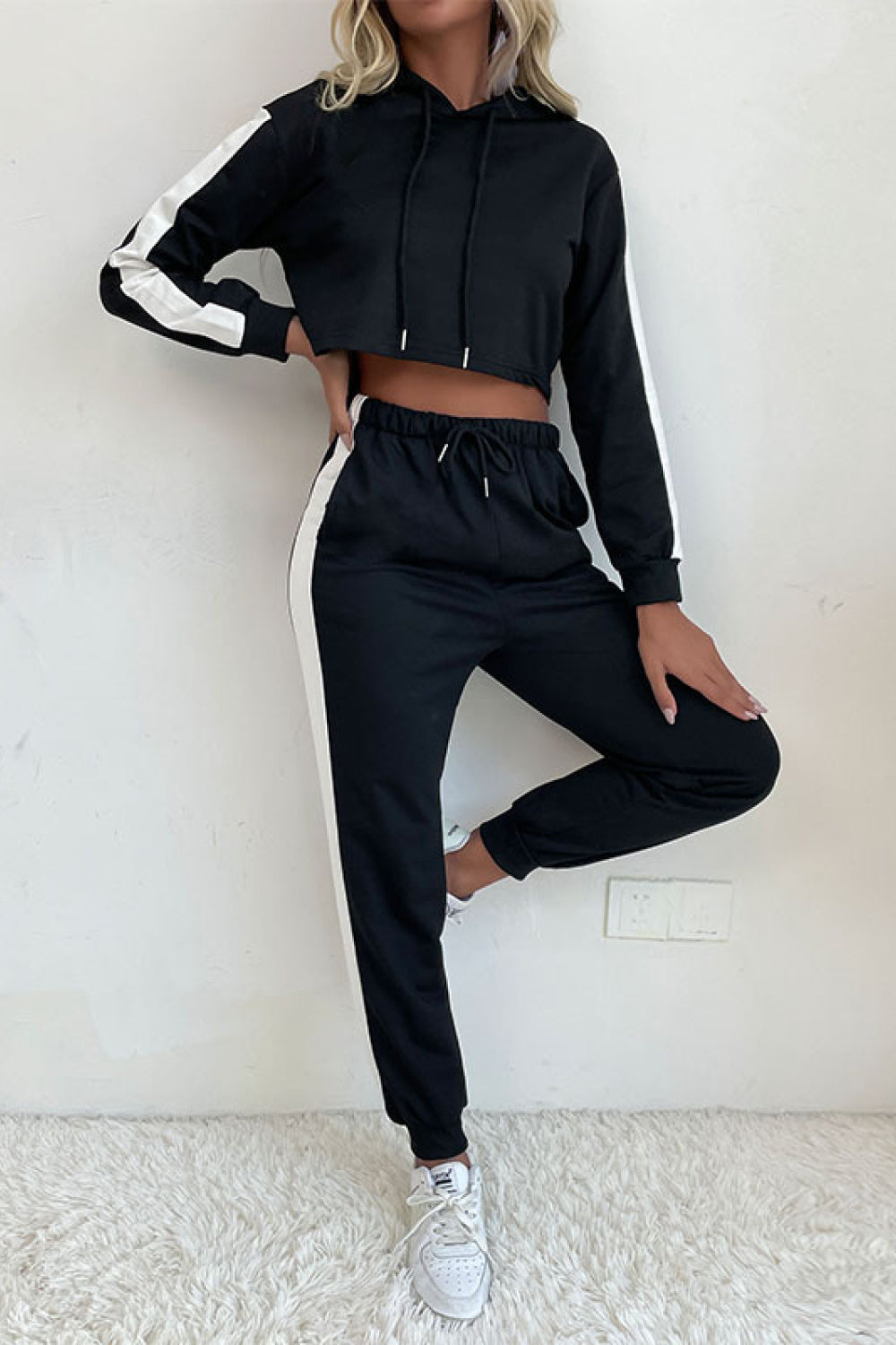 Side Stripe Cropped Hoodie and Jogger Set Pimamour