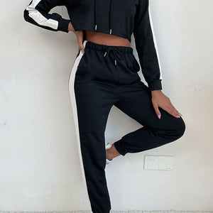 Side Stripe Cropped Hoodie and Jogger Set Pimamour