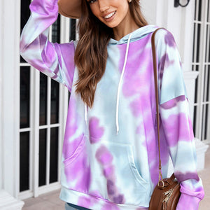 Dropped Sleeve Tie-dye Hoodie with Drawstring Pimamour