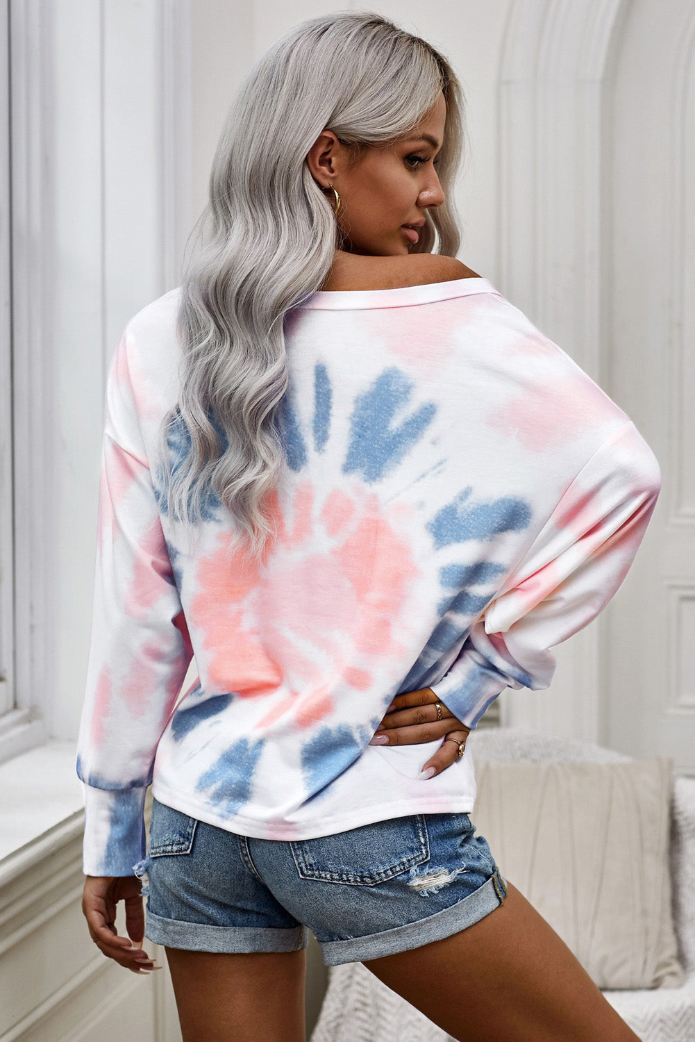 Tie-Dye Boat Neck Batwing Sleeve Tee Pimamour