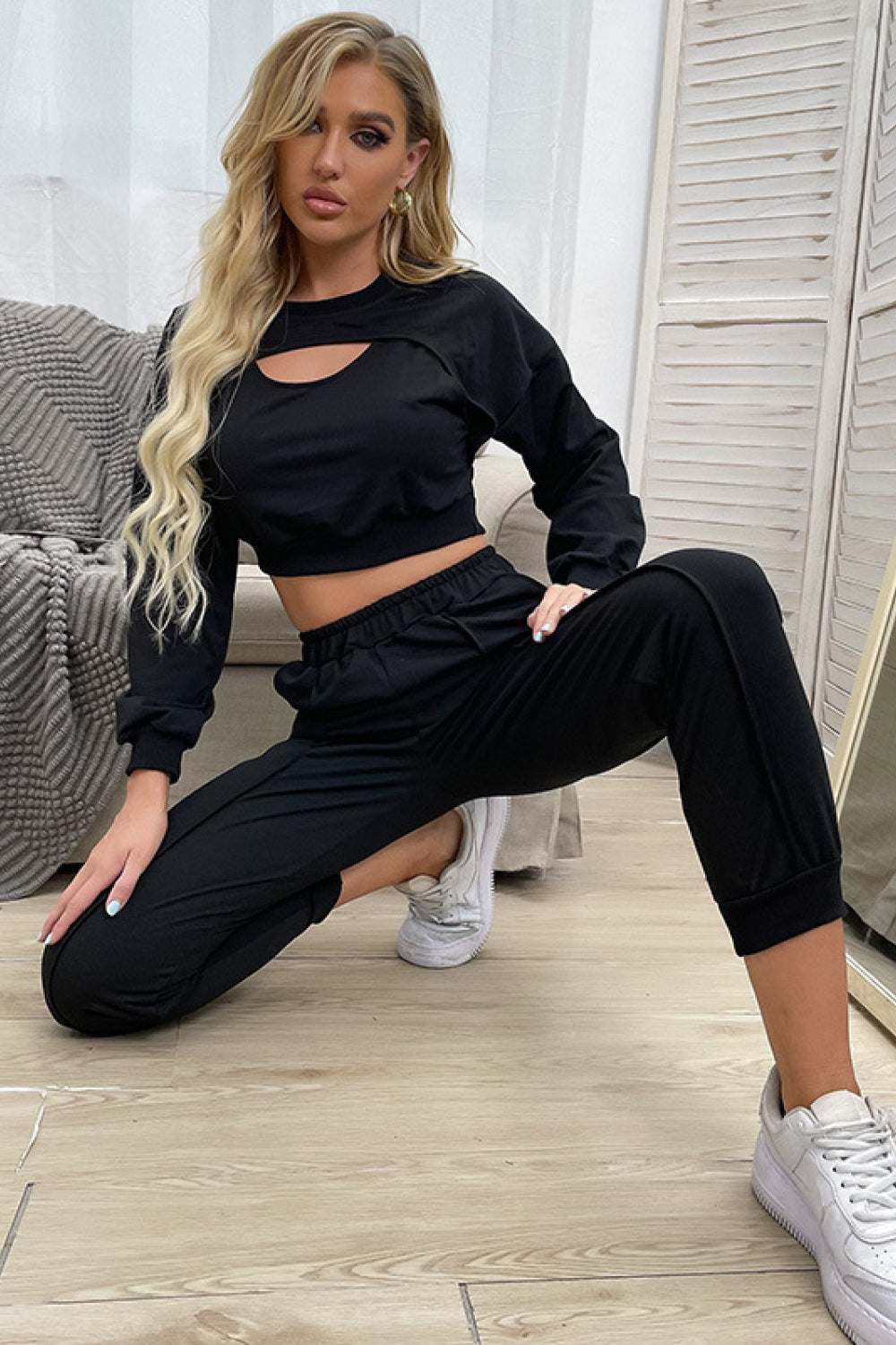 Cut Out Crop Top and Joggers Set Pimamour