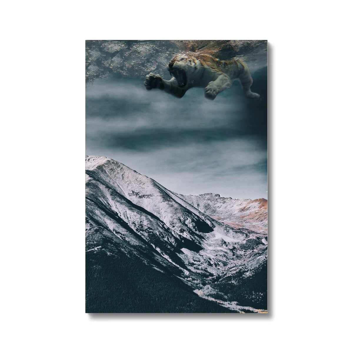 04 - Surreal dreamy poster of the swimming tiger in the sky over the mountain Color Canvas Pimamour Original Pimamour