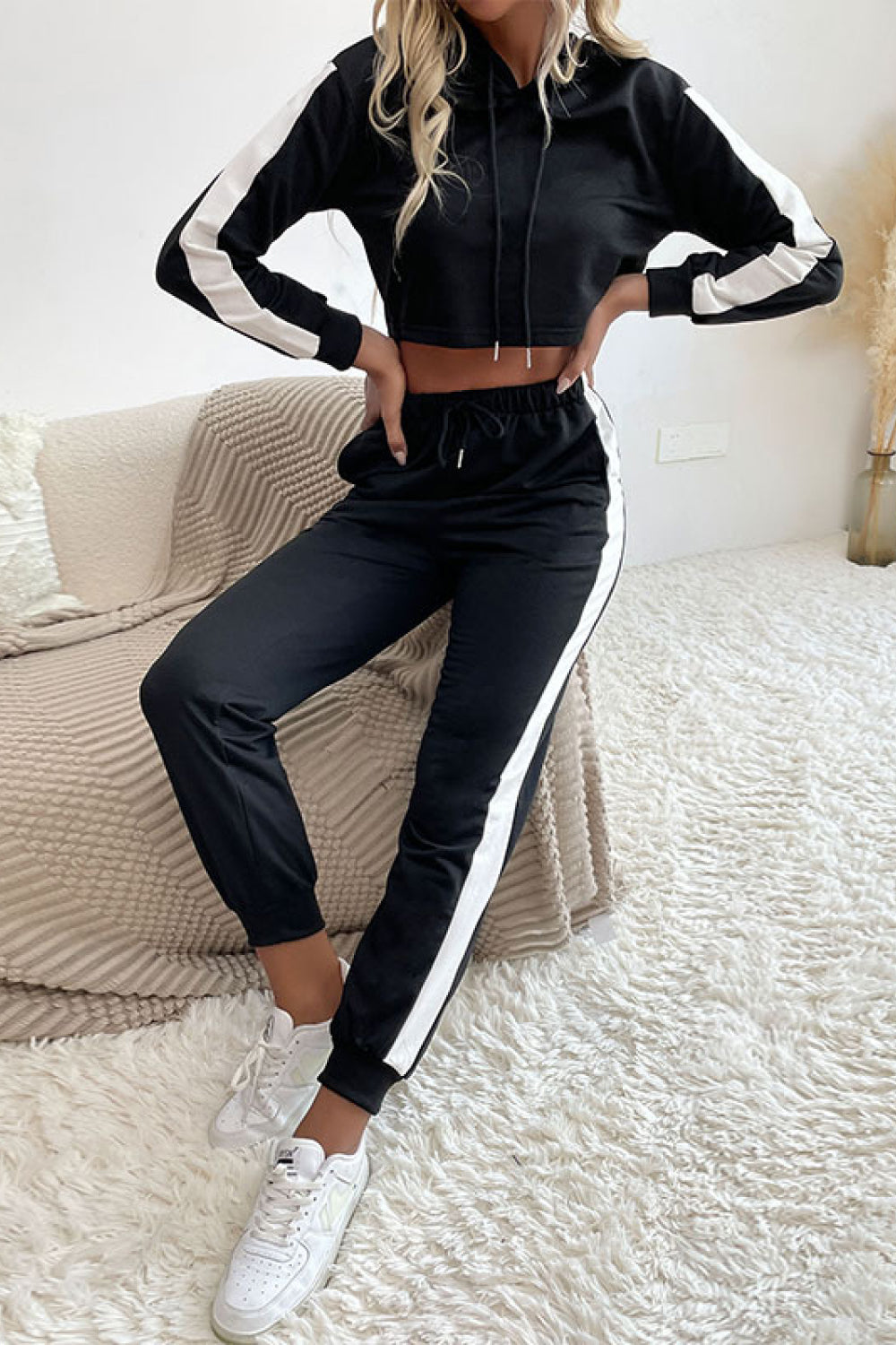 Side Stripe Cropped Hoodie and Jogger Set Pimamour