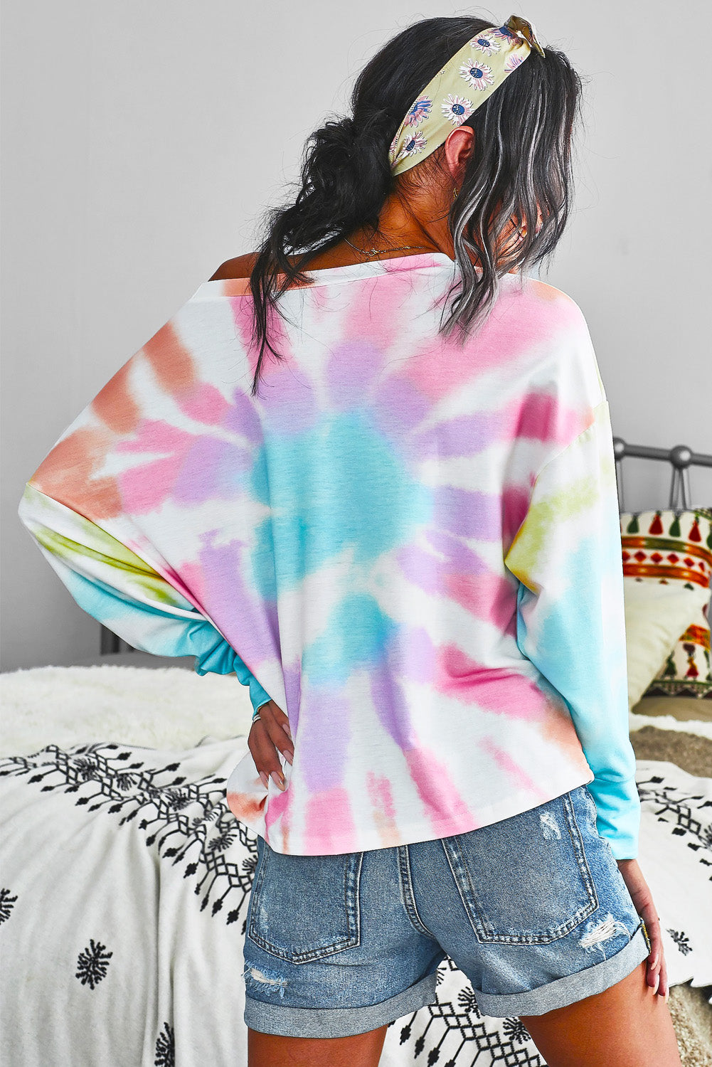 Tie-Dye Boat Neck Batwing Sleeve Tee Pimamour