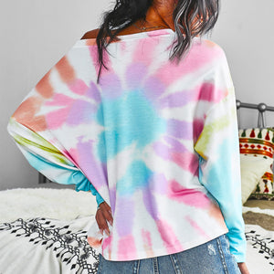 Tie-Dye Boat Neck Batwing Sleeve Tee Pimamour