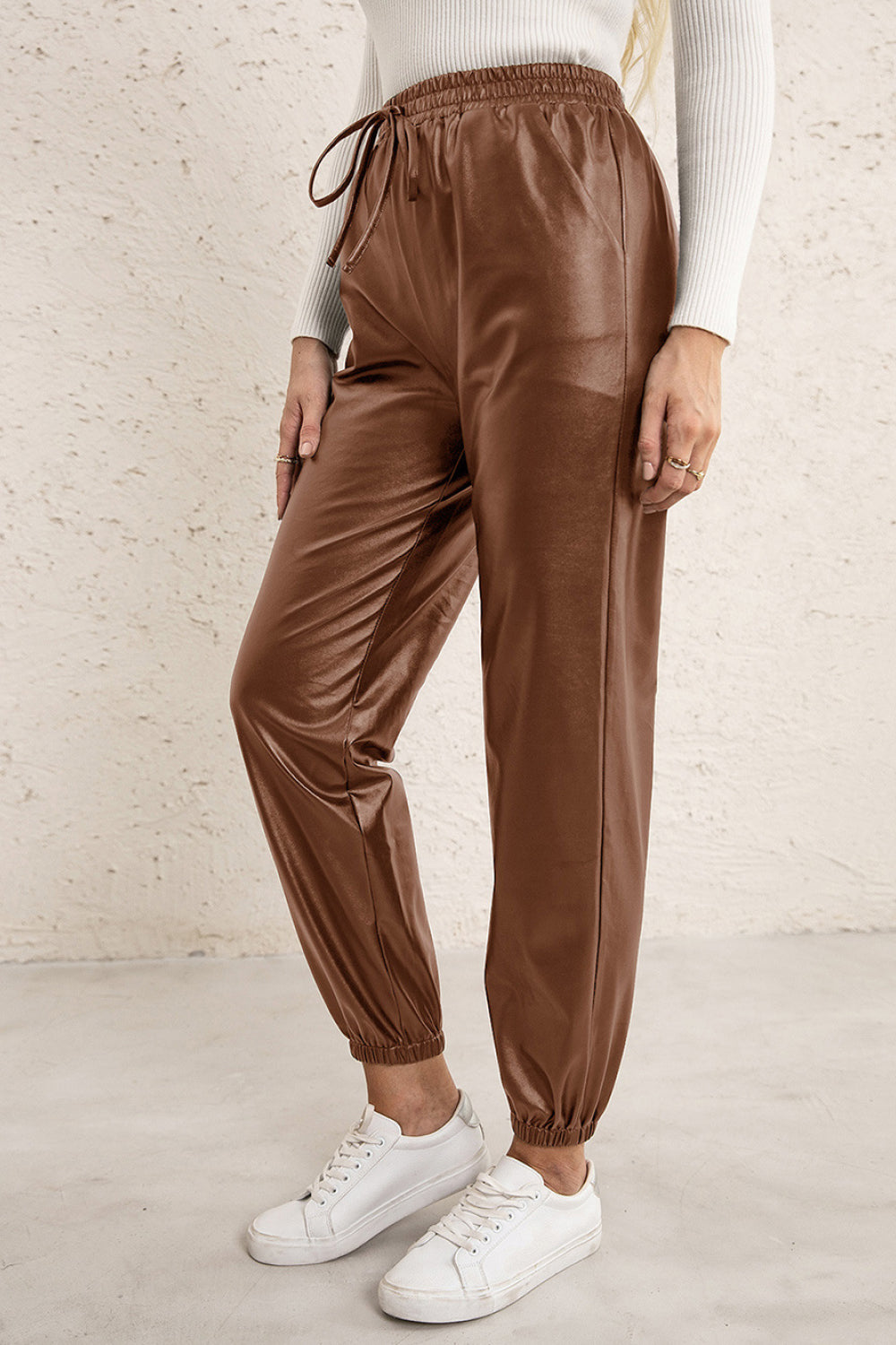 Elastic Waist PU Leather Joggers Pimamour