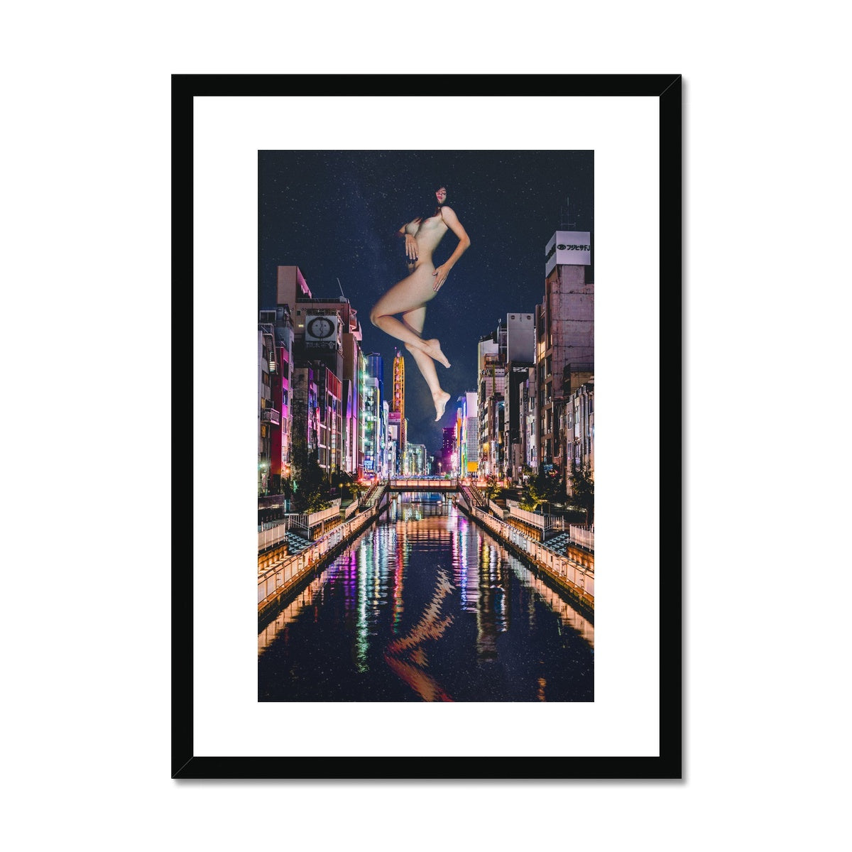 02 - Surreal dreamy poster of the protecting girl / goddess / mermaid floating in the sky over the city, wrapped in the night Color Framed & Mounted Print Pimamour Original Pimamour