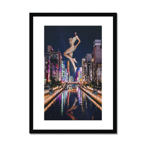 02 - Surreal dreamy poster of the protecting girl / goddess / mermaid floating in the sky over the city, wrapped in the night Color Framed & Mounted Print Pimamour Original Pimamour