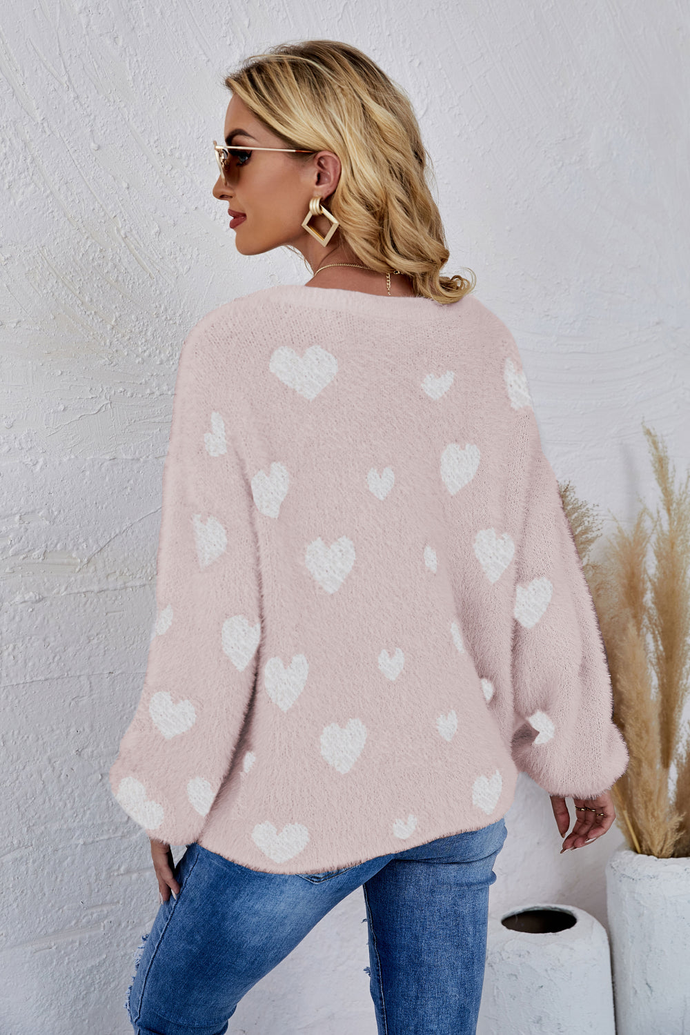 Heart Print Fuzzy Crewneck Long Sleeve Sweater Pimamour