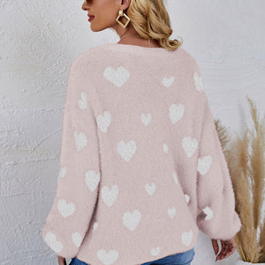 Heart Print Fuzzy Crewneck Long Sleeve Sweater Pimamour