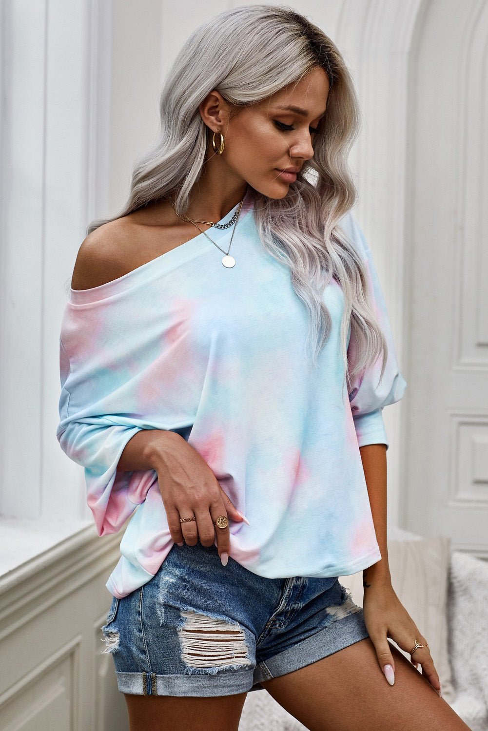 Tie-Dye Boat Neck Batwing Sleeve Tee Pimamour