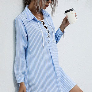 Lace Up Collar Shirt Dress Pimamour