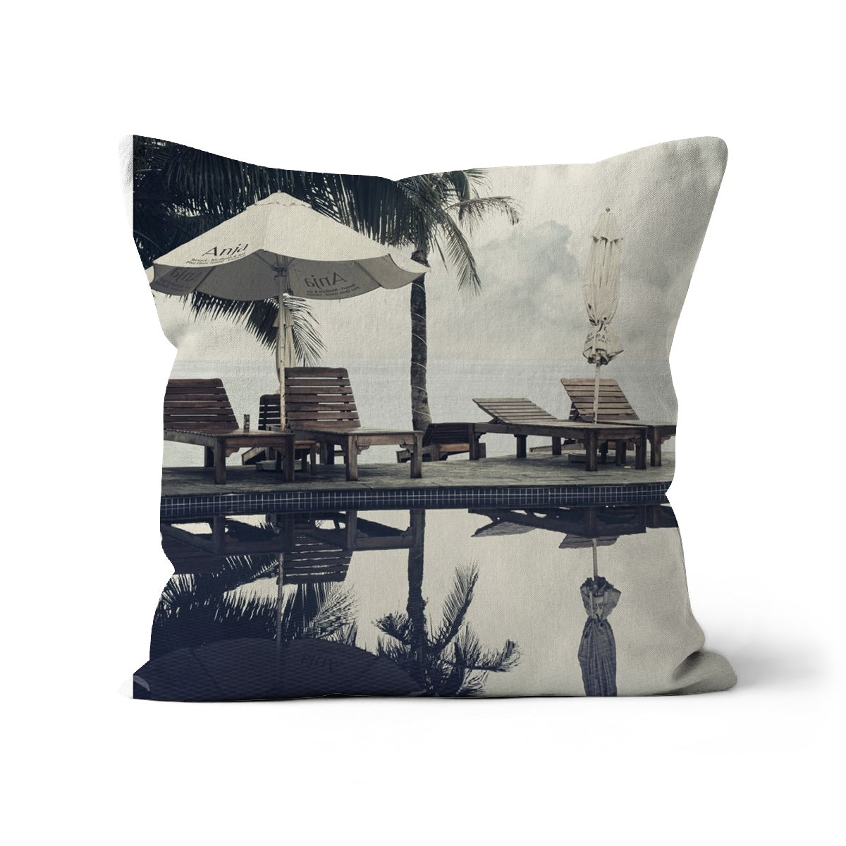 01C The lonely pool, the hidden beach and the palm tree- Faded colors fine art photography print - Printed on     Cushion Pimamour Original Pimamour