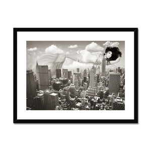 08 - Surreal dreamy poster of the  mermaid floating in the sky over the city, wrapped in the night - Black and White Framed & Mounted Print Pimamour Original Pimamour