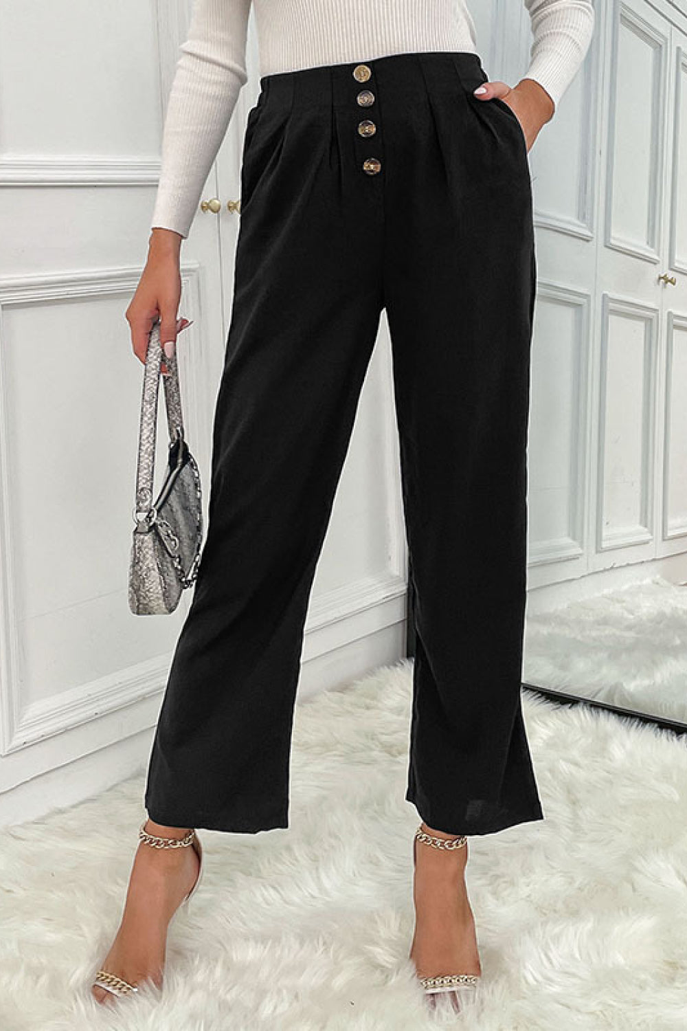 Button Fly Wide Leg Pants Pimamour