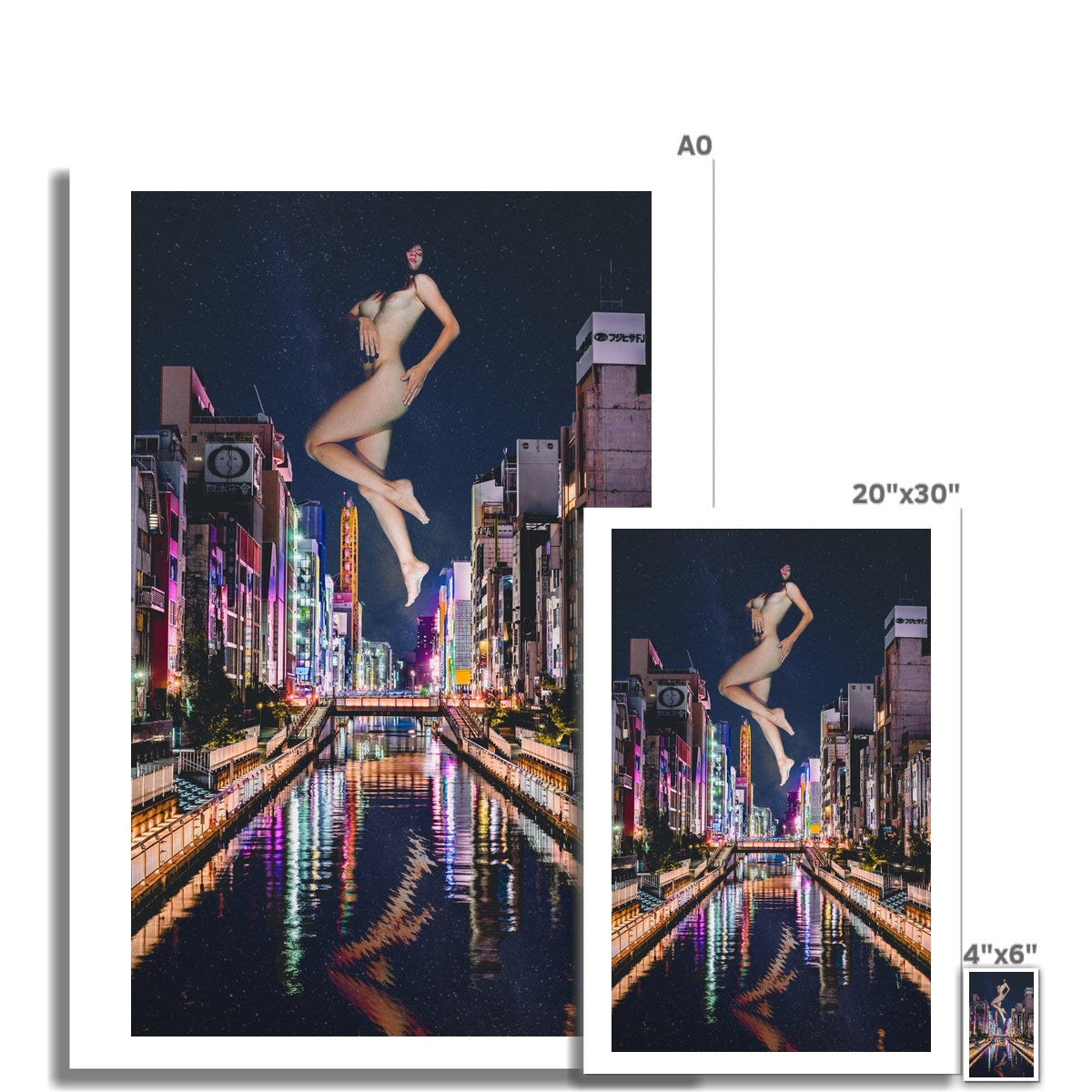 02 - Surreal dreamy poster of the protecting girl / goddess / mermaid floating in the sky over the city, wrapped in the night Color Photo Art Print Pimamour Original Pimamour