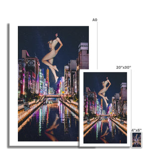 02 - Surreal dreamy poster of the protecting girl / goddess / mermaid floating in the sky over the city, wrapped in the night Color Photo Art Print Pimamour Original Pimamour