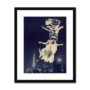 06 - Surreal dreamy poster of the protecting girl / goddess / mermaid floating in the sky over the city, wrapped in the night Brandon Framed & Mounted Print Pimamour Original Pimamour