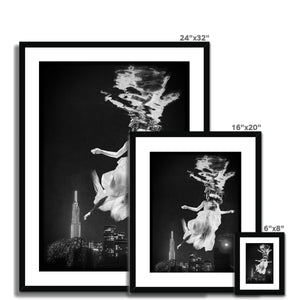 06 - Surreal dreamy poster of the protecting girl / goddess / mermaid floating in the sky over the city, wrapped in the night Black and White Framed & Mounted Print Pimamour Original Pimamour