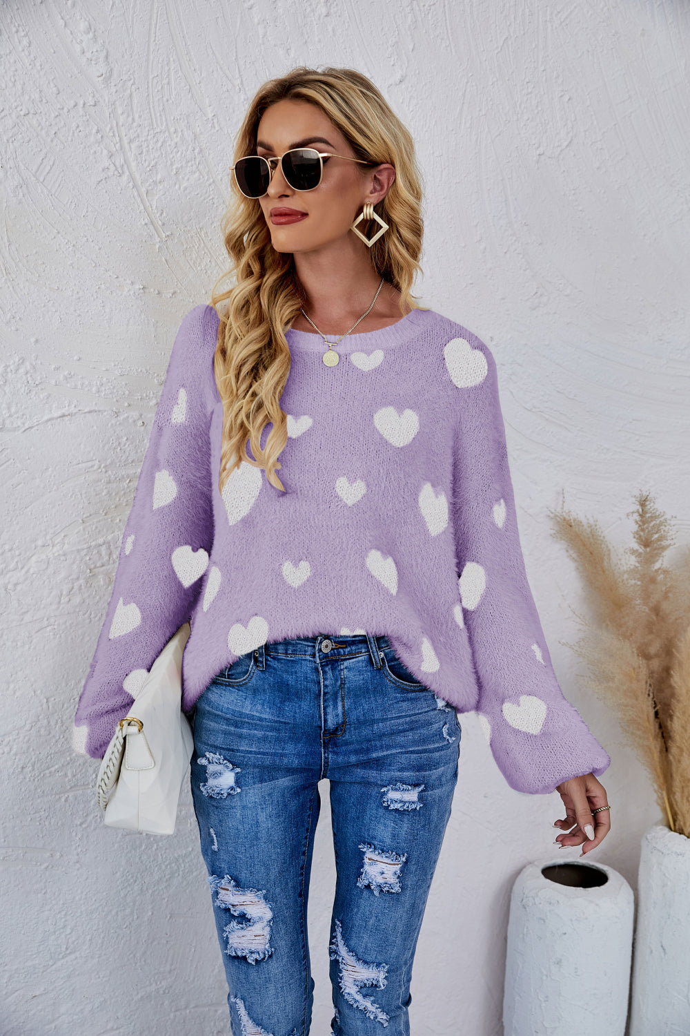 Heart Print Fuzzy Crewneck Long Sleeve Sweater Pimamour