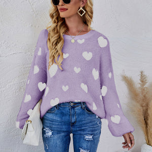 Heart Print Fuzzy Crewneck Long Sleeve Sweater Pimamour