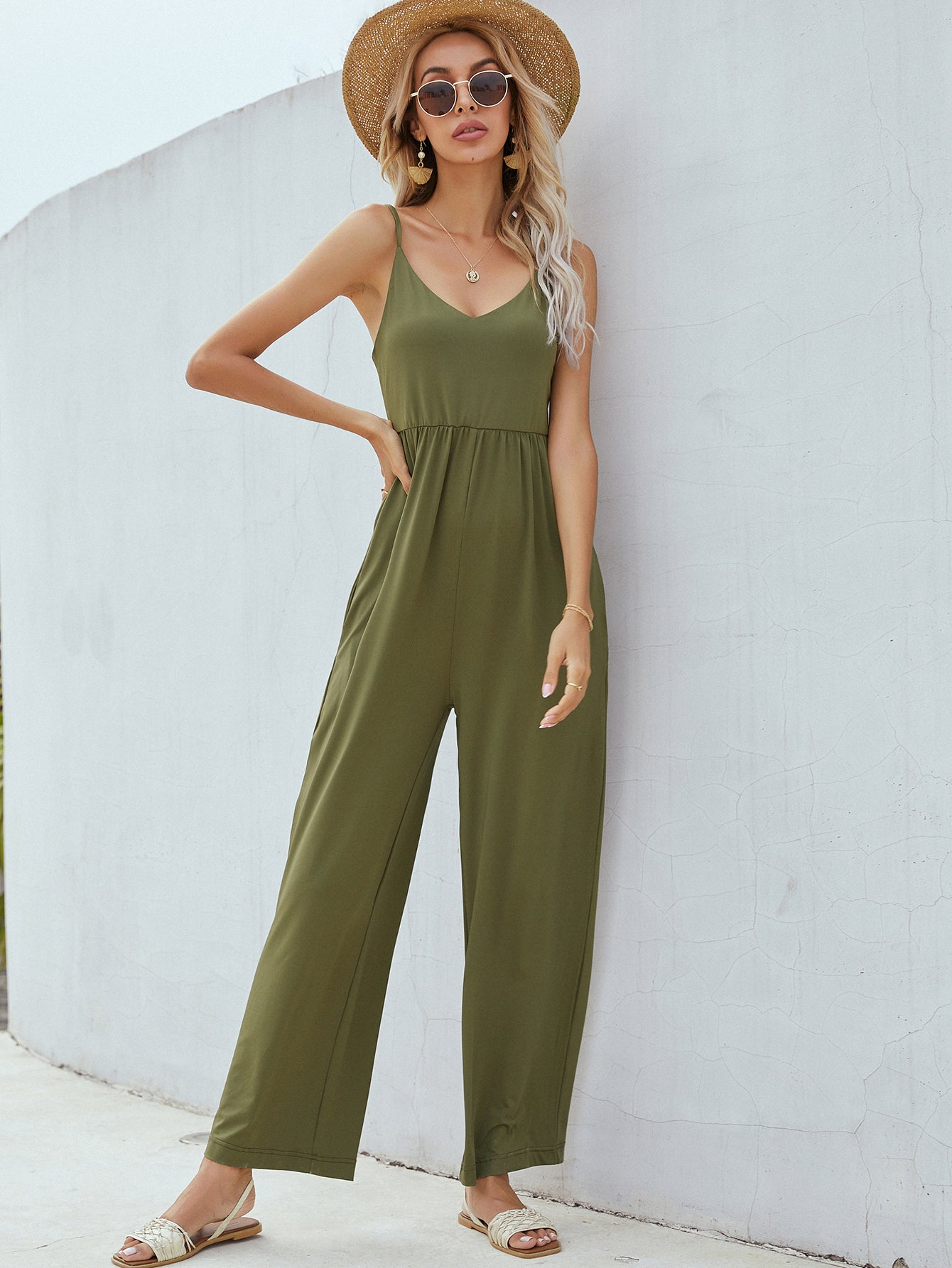 Adjustable Spaghetti Strap Jumpsuit with Pockets Pimamour