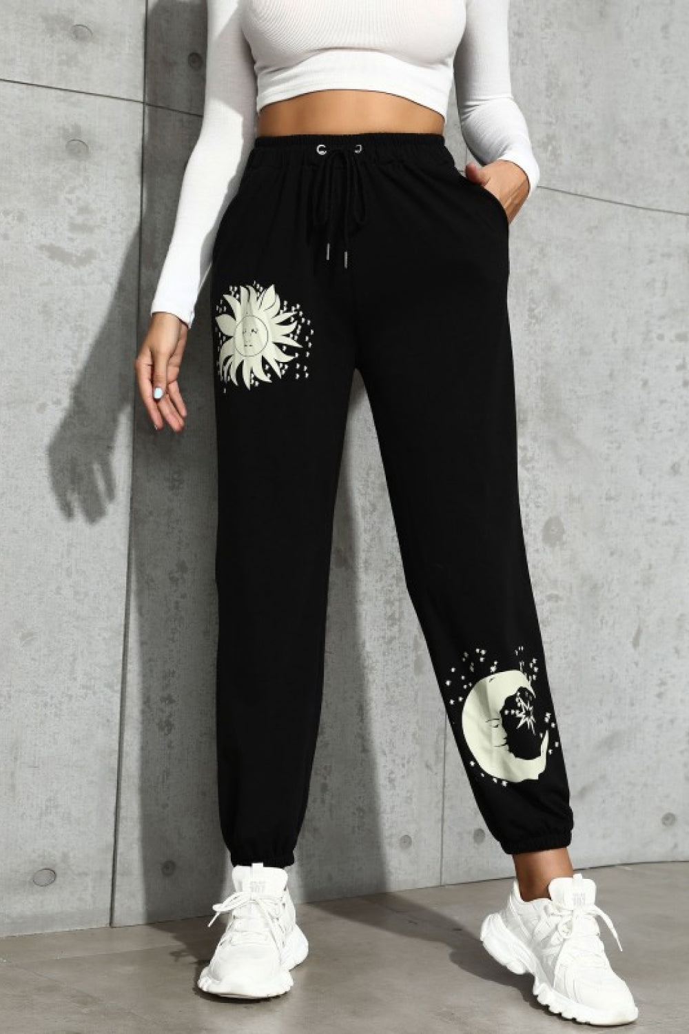 Sun and Moon Graphic Drawstring Joggers Pimamour