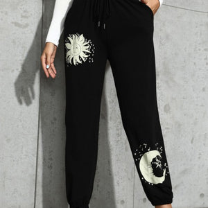 Sun and Moon Graphic Drawstring Joggers Pimamour