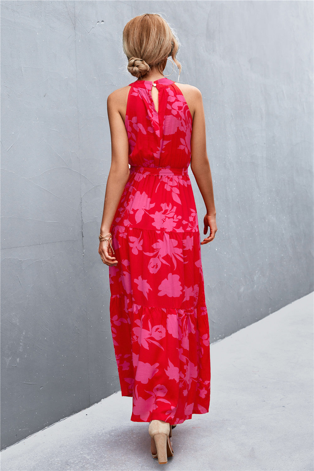 Printed Sleeveless Tie Waist Maxi Dress-Pimamour