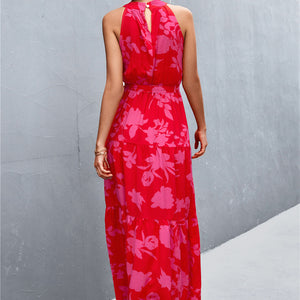 Printed Sleeveless Tie Waist Maxi Dress-Pimamour