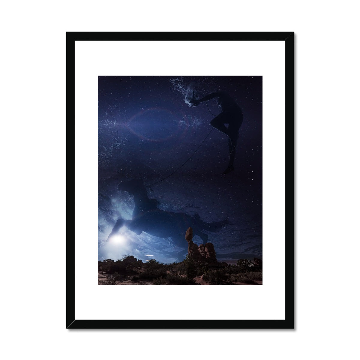 03 - Surreal dreamy poster of the protecting girl / goddess / mermaid floating in the sky over the city, wrapped in the night Color Framed & Mounted Print Pimamour Original Pimamour