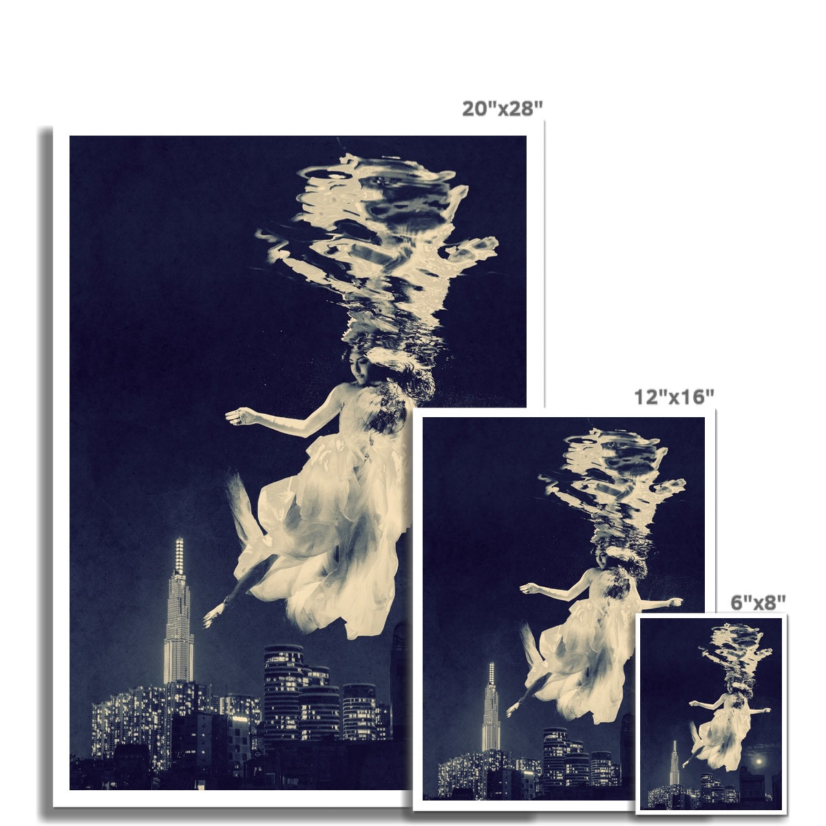 06 - Surreal dreamy poster of the protecting girl / goddess / mermaid floating in the sky over the city, wrapped in the night Brandon Photo Art Print Pimamour Original Pimamour