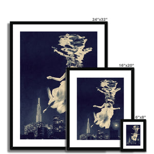 06 - Surreal dreamy poster of the protecting girl / goddess / mermaid floating in the sky over the city, wrapped in the night Brandon Framed & Mounted Print Pimamour Original Pimamour