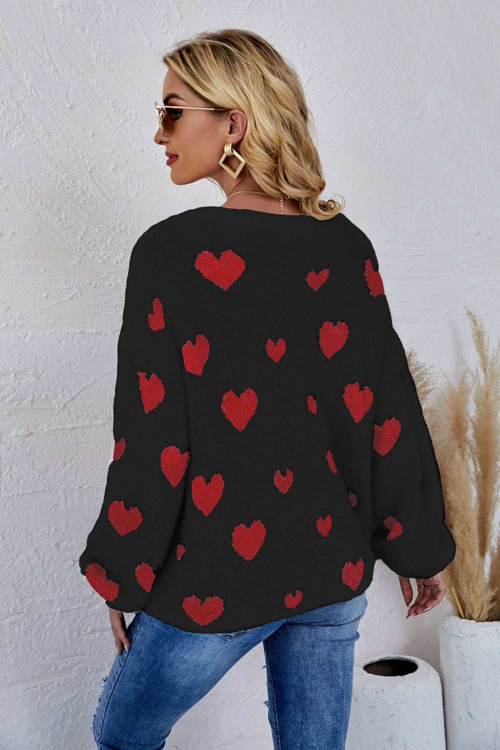 Heart Print Fuzzy Crewneck Long Sleeve Sweater Pimamour