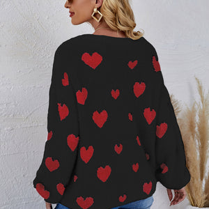 Heart Print Fuzzy Crewneck Long Sleeve Sweater Pimamour