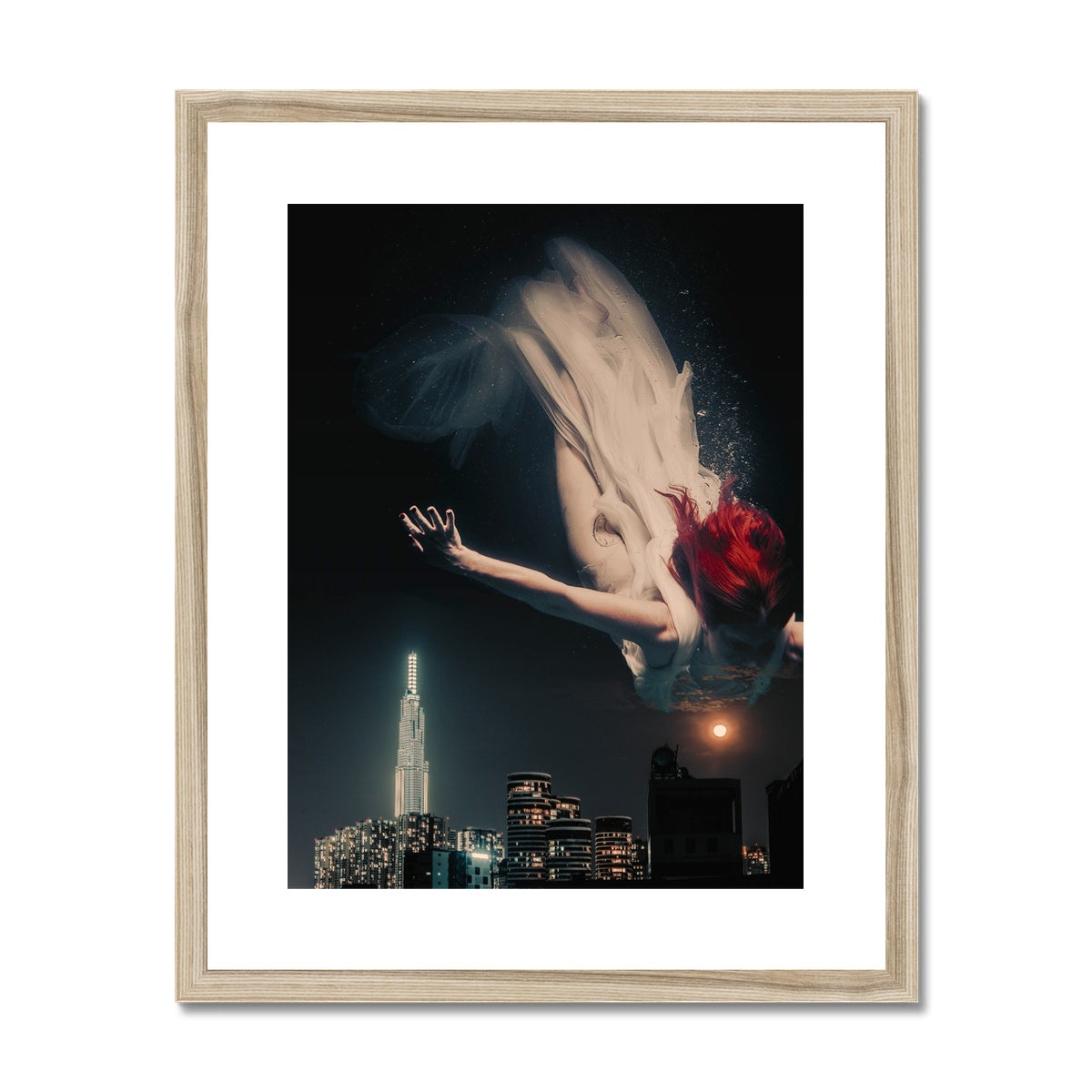 07 - Surreal dreamy poster of the protecting girl / goddess / mermaid floating in the sky over the city, wrapped in the night Color Framed & Mounted Print Pimamour Original Pimamour