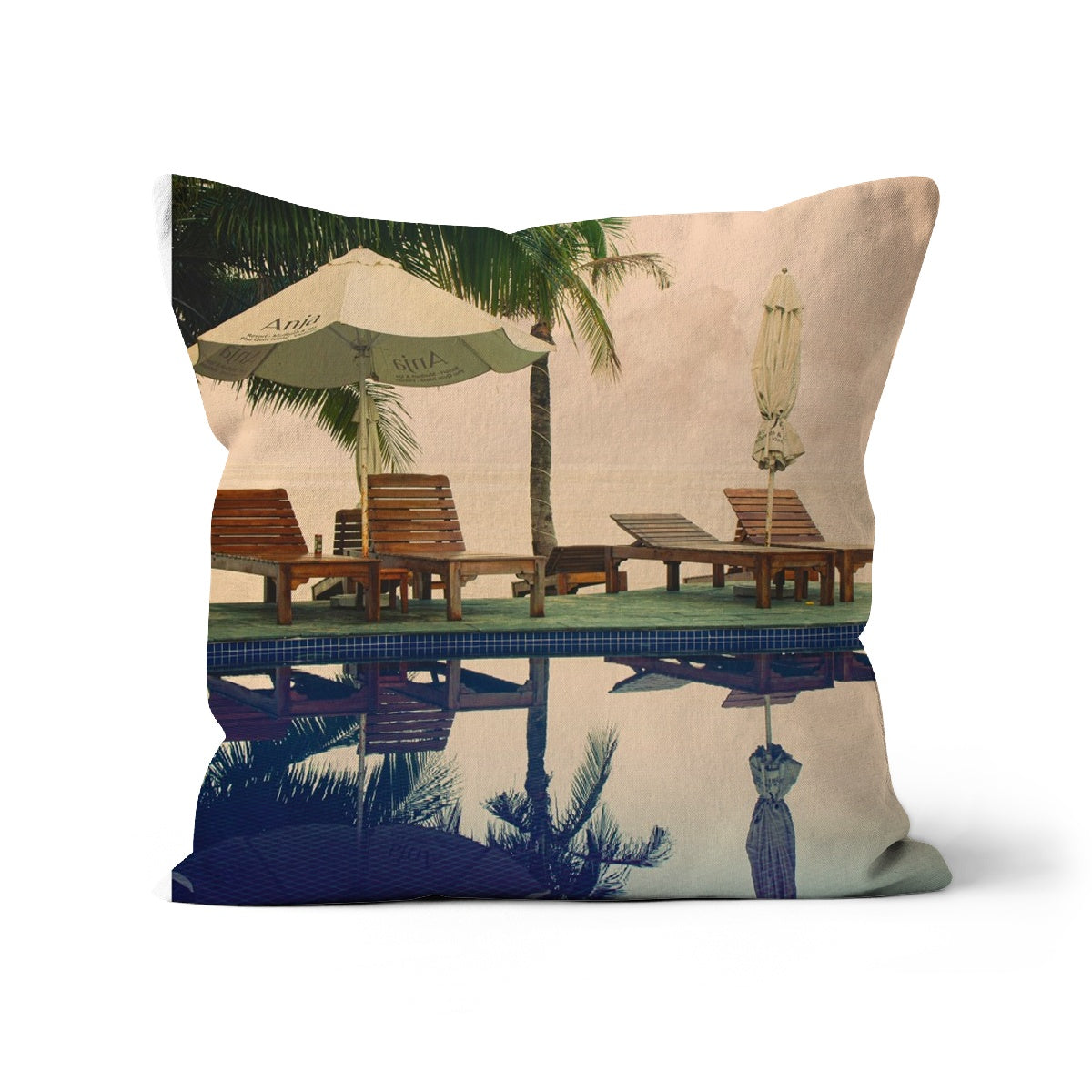 01D The lonely pool, the hidden beach and the palm tree - Vintage colors fine art photography print - Printed on       Cushion Pimamour Original Pimamour