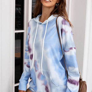 Dropped Sleeve Tie-dye Hoodie with Drawstring Pimamour