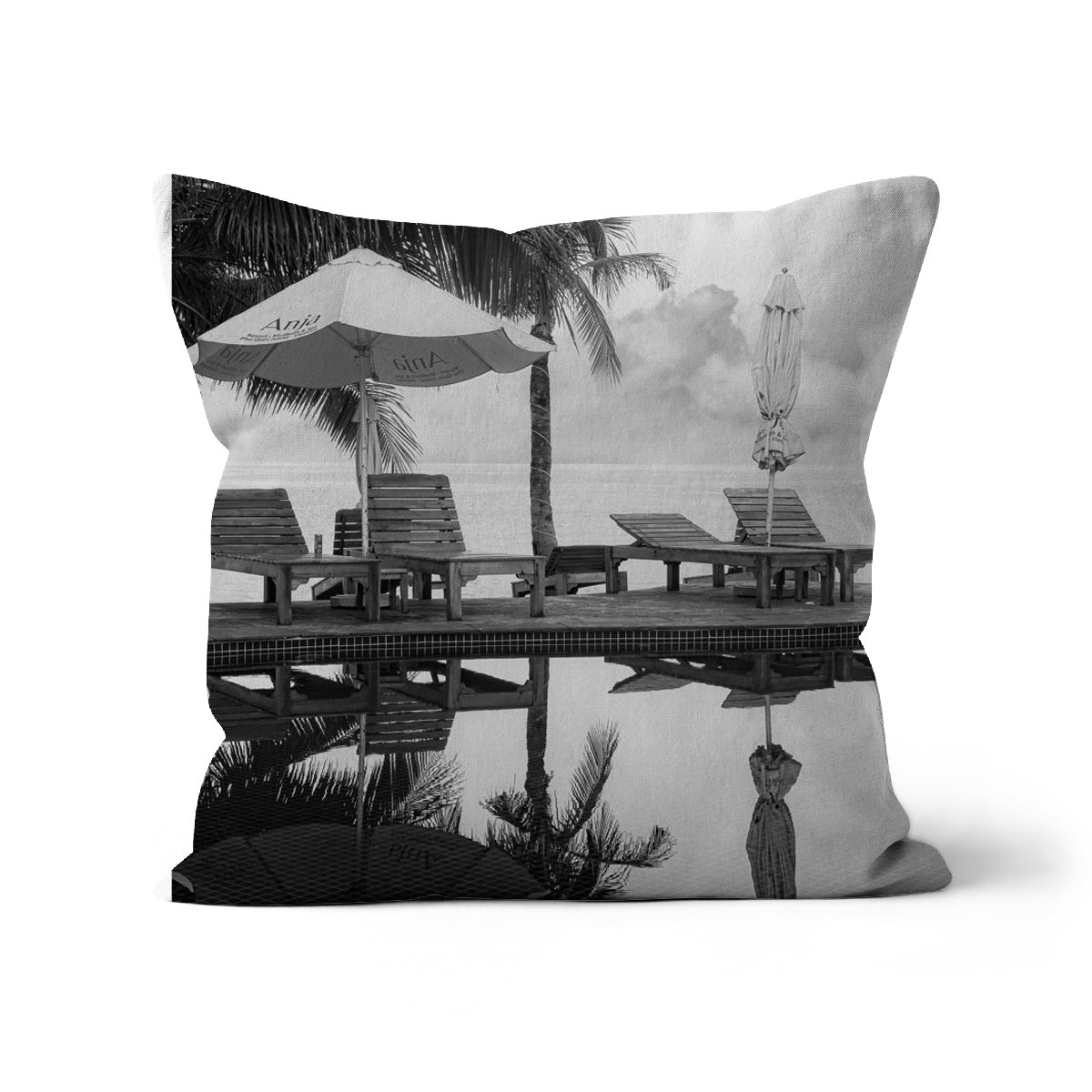 01A The lonely pool, the hidden beach and the palm tree - Black & White fine art photography print - Printed on   Cushion Pimamour Original Pimamour